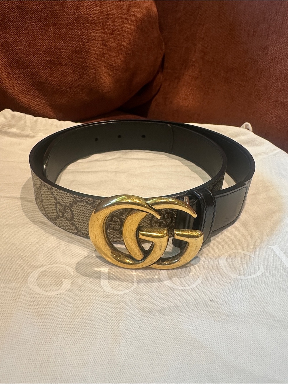 Gucci Monogram Canvas Belt with Gold Double G Buckle